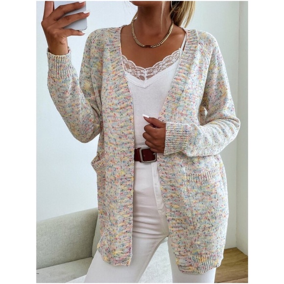 Bellanblue Sweaters - Cozy Cream Speckled Open Front Cardigan Pockets